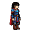 personagem 2d em pixel art, jovem guerreiro de cabelos negros e olhos azuis, manto azul e vermelho, armadura detalhada, cristais azuis brilhantes no peito, cintura e acessórios, botas marrons.