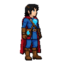 guerreiro em pixel art 2d, cabelos pretos e olhos azuis, roupa azul, capa vermelha, luvas e botas marrons. possui cristais azuis brilhantes no peito e equipamentos, além de uma bolsa com imagem de cristal.