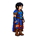 personagem 2d em pixel art, jovem guerreiro de cabelos negros e olhos azuis, manto azul e vermelho, armadura específica, cristais azuis quebrados no peito, cintura e acessórios, botas marrons.