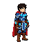 é um jovem guerreiro em pixel art 2d, com cabelos pretos espetados e olhos azuis. ele veste uma roupa de combate azul com detalhes claros, uma capa vermelha, luvas e botas marrons. possui cintos e acessórios de couro, além de vários cristais azuis brilhan