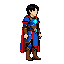 personagem 2d em pixel art, jovem guerreiro de cabelos negros e olhos azuis, manto azul e vermelho, armadura detalhada, cristais azuis brilhantes no peito, cintura e acessórios, botas marrons.