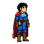 guerreiro em pixel art 2d, cabelos pretos e olhos azuis, roupa azul, capa vermelha, luvas e botas marrons. possui cristais azuis brilhantes no peito e equipamentos, além de uma bolsa com imagem de cristal.