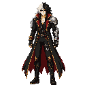 body: tall, lean, athletic male; pale skin; combat-ready stance. face: sharp, handsome features; glowing red eyes; stern expression. hair: long, wild, spiky hair, split white/silver and black. outfit: long black gothic coat with deep-red lining, gold trim