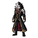 body: tall, lean, athletic male; pale skin; combat-ready stance. face: sharp, handsome features; glowing red eyes; stern expression. hair: long, wild, spiky hair, split white/silver and black. outfit: long black gothic coat with deep-red lining, gold trim