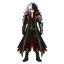 body: tall, lean, athletic male; pale skin; combat-ready stance. face: sharp, handsome features; glowing red eyes; stern expression. hair: long, wild, spiky hair, split white/silver and black. outfit: long black gothic coat with deep-red lining, gold trim