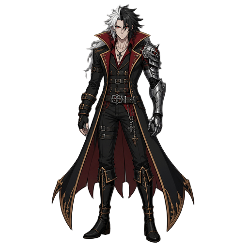 body: tall, lean, athletic male; pale skin; combat-ready stance. face: sharp, handsome features; glowing red eyes; stern expression. hair: long, wild, spiky hair, split white/silver and black. outfit: long black gothic coat with deep-red lining, gold trim