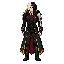 body: tall, lean, athletic male; pale skin; combat-ready stance. face: sharp, handsome features; glowing red eyes; stern expression. hair: long, wild, spiky hair, split white/silver and black. outfit: long black gothic coat with deep-red lining, gold trim