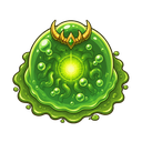 the giant slime boss remains stationary, performing a slow and heavy breathing cycle. its gelatinous body gently expands upward and outward while the inner core pulses with a soft light, causing internal bubbles to drift slightly. the creature then compre