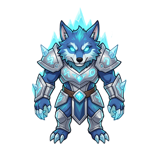 a majestic fantasy wolf warrior, top-down game character, blue and cyan glowing fur, magical ice aura, silver armor with glowing runes, sharp crystal claws, fierce glowing blue eyes, highly detailed, hand-painted fantasy style, clean silhouette, centered 