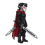 a man in a black armor wearing a red cape and a high-tech white mask with glowing red eyes; he has black hair with a single white streak and wields a high-tech sword as a weapon. made he in cuttie style