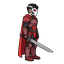 a man in armor wearing a red cape and a high-tech white mask with glowing red eyes; he has black hair with a single white streak and wields a high-tech sword as a weapon.