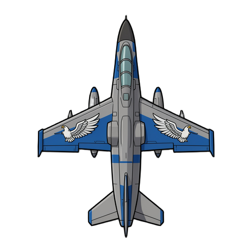 gere um avião de combate com cores cinza e azul, com um desenho de águia nas suas laterais. a visão deve ser topdown