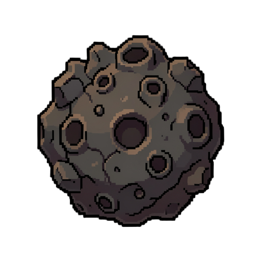create a **2d pixel art asteroid** for a sci-fi space game.  design details:  * large, irregular and rugged asteroid * rocky surface with many **craters, cracks, holes, and uneven formations** * dark gray and brownish space-rock tones * strong pixel-art s