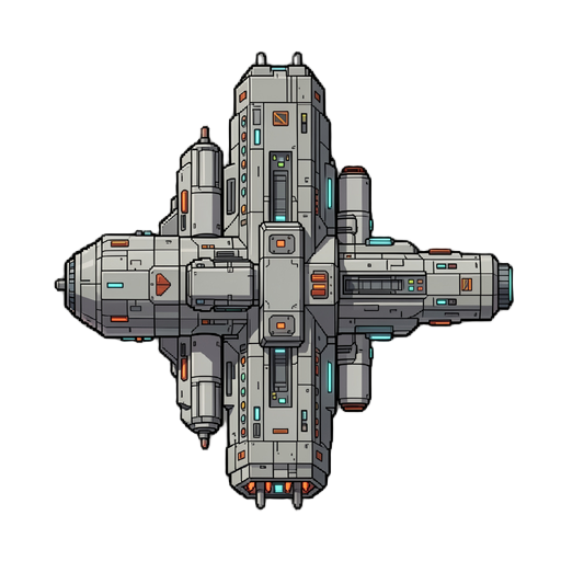 create a **giant 2d pixel art mothership** for a sci-fi space game.  the ship should be **massive, imposing, and clearly much larger than the player's spaceship**, serving as the player's main base and home in space.  design details:  * huge **mothership 