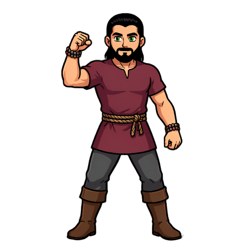 pixel art cartoon: homem atlético, corpo inteiro, 156×159 px, fundo #05693d. cabelo preto para trás, olhos verdes, barba curta. túnica vinho, cinto de corda, calça carvão, botas, pulseira de contas. pose de luta 3/4, pernas abertas, punho direito alto, mã