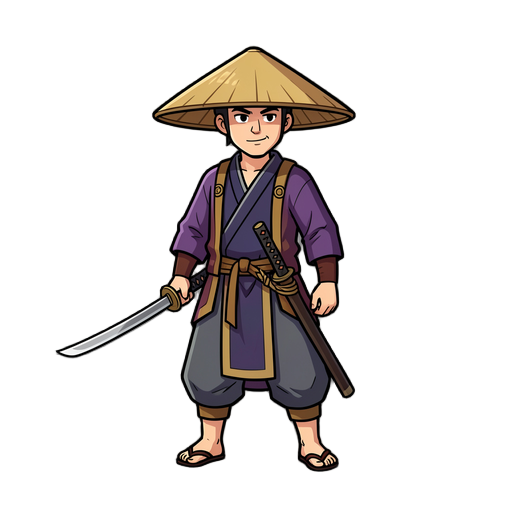 um ronin dos tempos antigos com chapéu de palha e katana
