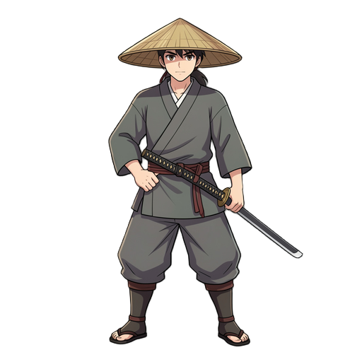um ronin dos tempos antigos com chapéu de palha e katana