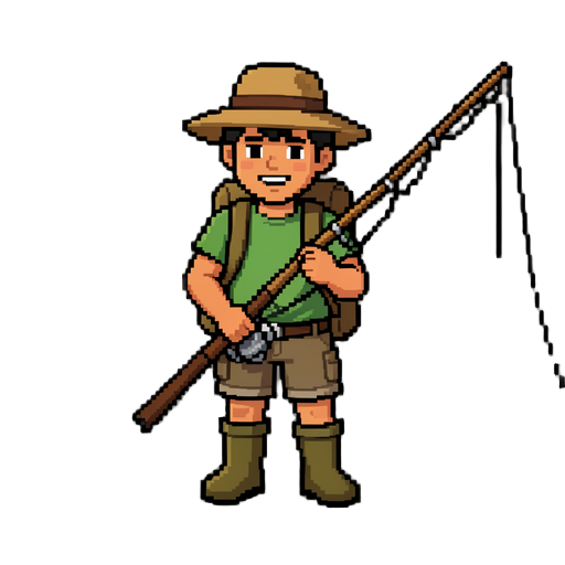 modern 2d pixel art rpg, brazilian riverside setting. young brazilian fisherman, t-shirt, shorts, rubber boots, fishing hat, backpack and fishing rod. friendly beginner. top-down game sprite, clean detailed pixel art, warm natural colors, transparent back