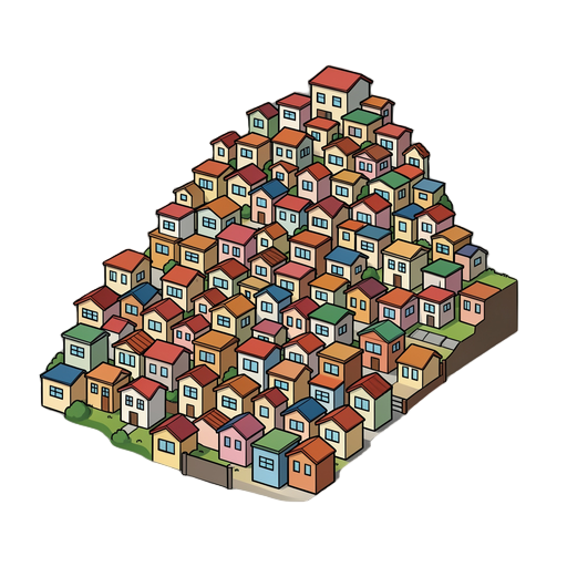 crie uma ilustração digital 2d em formato quadrado (1:1), mostrando uma comunidade urbana densamente construída em uma encosta, com centenas de pequenas casas e prédios residenciais empilhados e muito próximos uns dos outros.  a cena deve ter uma estética