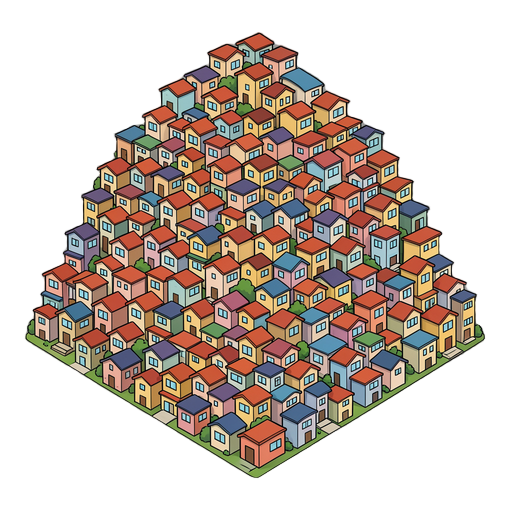 crie uma ilustração digital 2d em formato quadrado (1:1), mostrando uma comunidade urbana densamente construída em uma encosta, com centenas de pequenas casas e prédios residenciais empilhados e muito próximos uns dos outros.  a cena deve ter uma estética