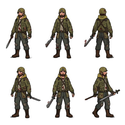 wanderer from postapocalyptic world, wounded. create idle image from 8 angles and moving animations