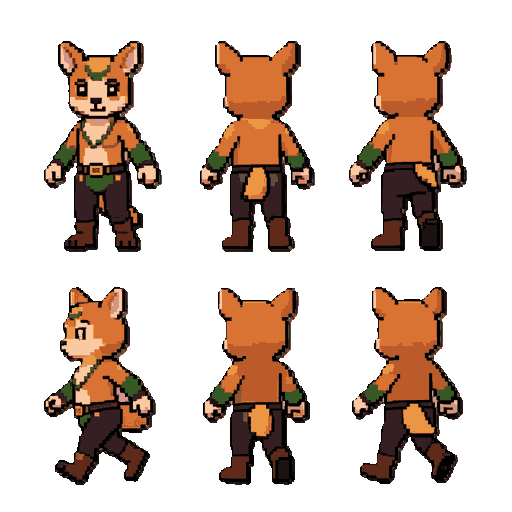 personagem principal:  criar personagem jogável original do universo faunins.  visão superior 2d. sprite pixel art. proporção aproximada de 16×24 pixels.  criar: - frente; - costas; - esquerda; - direita.  depois criar animações de caminhada mantendo o me