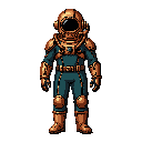 the diver wears a dark teal-blue segmented neoprene suit. the joints, edges, and armor trim are covered in extensive polished copper and bronze metallic plating. the helmet is a heavy spherical brass-copper diving helmet with intricate metalwork and compl
