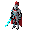 a full-body side-profile vector illustration of a medieval knight in shining steel armor, featuring a red feathered crest on the helmet and a red cape. the knight holds a glowing blue energy sword.