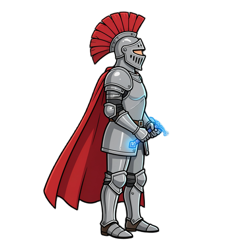 a full-body side-profile vector illustration of a medieval knight in shining steel armor, featuring a red feathered crest on the helmet and a red cape. the knight holds a glowing blue energy sword.