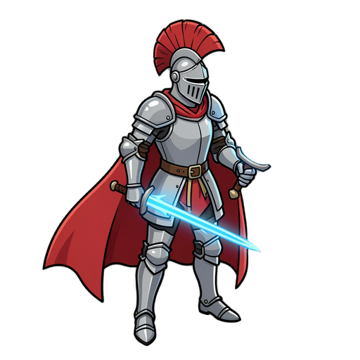 a full-body side-profile vector illustration of a medieval knight in shining steel armor, featuring a red feathered crest on the helmet and a red cape. the knight holds a glowing blue energy sword.