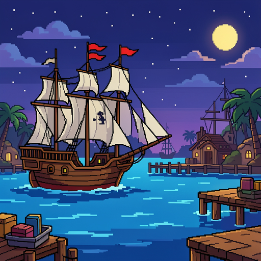 retro pixelart background of a pirate bay at night