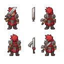 pixel art, sprite sheet of a barbarian warrior, 4 directions (front, back, left, right), idle, walk, attack animations, red and gray armor, big greatsword, spikey red hair, transparent background, 128-bit style, retro game asset --ar 3:2
