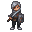 32x32 pixel art sprite of a slim humanoid character, gray hair with a brown patch in the hair, gray hoodie, black pants, white shoes, holding a sword and a shield, standing idle, facing forward, neutral expression, no special ability active, no blush, sim