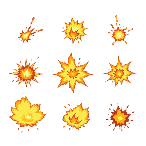 create a professional, game-ready 8-frame fireball spell impact vfx sprite sheet for a 2d top-down rts game. strict 90-degree top-down aerial view. the effect is a powerful fantasy fireball spell impact, not a realistic military explosion. use a transpare