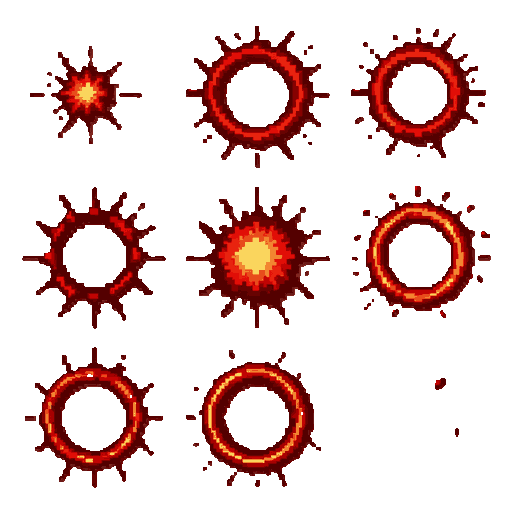 create a professional, game-ready 8-frame blood nova spell impact vfx sprite sheet for a 2d top-down pixel-art game, 8 frames in one horizontal strip showing the animation from small central burst to full expanding ring to fading droplets. strict 90-degre