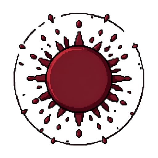 pixel-art 8-frame sprite sheet (horizontal strip, transparent background) of a blood-magic nova for a top-down game: a perfect flat circle of dark-red blood (#c73833, no fire colors) erupting from center to a 180 px ring, breaking into droplets and fading