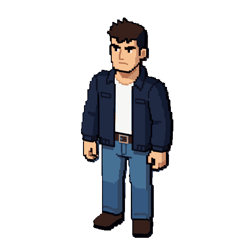 full-body character sprite, same male protagonist and same outfit as the reference image. young athletic man with spiky dark brown hair, strong eyebrows, serious focused expression, wearing a dark navy-blue jacket over a plain white t-shirt, blue jeans, b