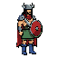 40x72 pixel art sprite, transparent bg, black outline, no aa. barbarian idle, front view: steel helmet with two curved horns, long black hair, bare tanned chest, red scarf, steel pauldrons, silver sword diagonal across torso, round red shield, ragged red 