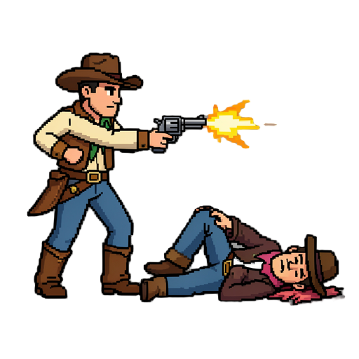 pixel-art side-scrolling format: a cowboy draws his revolver and shoots an outlaw, who falls to the ground and dies.