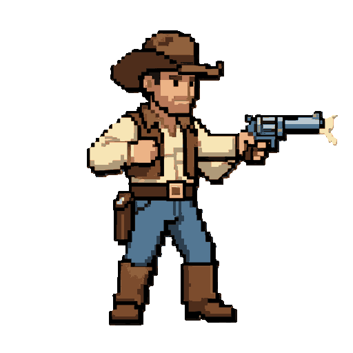 pixel-art side-scrolling format: a cowboy draws his revolver and shoots 