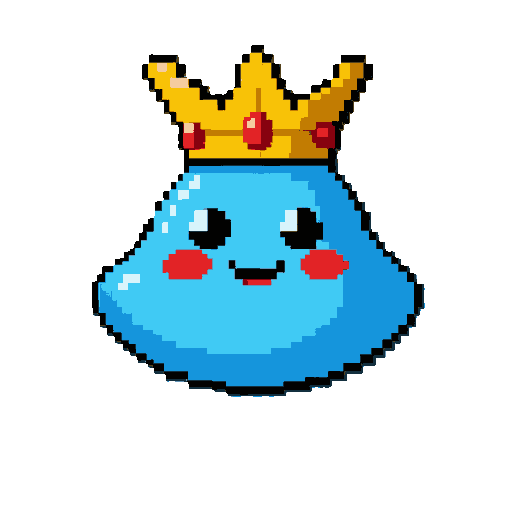 crie um rei slime em pixel art: slime azul fofo, olhos escuros, bochechas vermelhas e coroa dourada com joia vermelha. sem braços ou pernas, pixels grandes e fundo simples.  animação: pulando de forma elástica — comprime, sobe, desce, achata no impacto e 