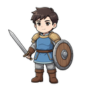 chibi-style 2d anime warrior character sprite, young man wearing classic fantasy light armor with a blue tunic overlay and tan pauldrons, grey(silver) trousers, and brown boots. he has a simple, straight-bladed sword with a brown hilt in his right hand an