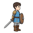 chibi-style 2d anime warrior character sprite, young man wearing classic fantasy light armor with a blue tunic overlay and tan pauldrons, grey(silver) trousers, and brown boots. he has a simple, straight-bladed sword with a brown hilt in his right hand an