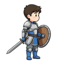 "chibi-style(sd) warrior character sprite, young man wearing classic fantasy light armor with a silver and blue overlay and trousers, and blue boots. he has a simple, straight-bladed sword with a brown hilt in his right hand and a circular wooden shield w