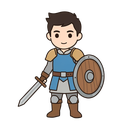 chibi-style(1:1) warrior character sprite, young man wearing classic fantasy light armor with a blue tunic overlay and tan pauldrons, grey(silver) trousers, and brown boots. he has a simple, straight-bladed sword with a brown hilt in his right hand and a 