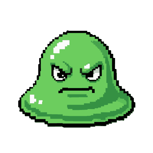 create a **2d pixel art slime** in the style of a fantasy rpg game. the slime should look **cute, gelatinous, shiny, and slightly aggressive**, with a **clear outline**, **detailed shading**, **glossy slime highlights**, and a visual style consistent with