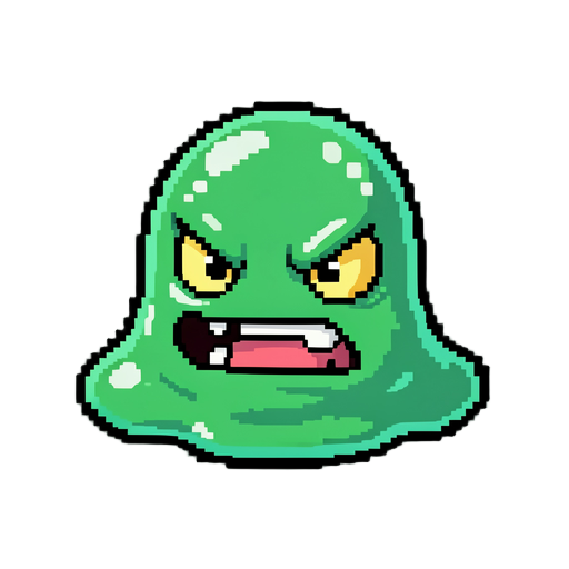 create a **2d pixel art slime** in the style of a fantasy rpg game. the slime should look **cute, gelatinous, shiny, and slightly aggressive**, with a **clear outline**, **detailed shading**, **glossy slime highlights**, and a visual style consistent with