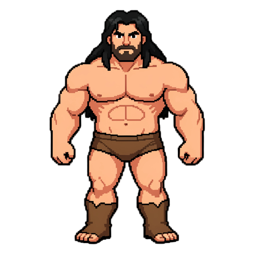 create a complete pixel art sprite sheet of a powerful fantasy barbarian character.  character design: a very muscular and physically strong barbarian with a large, powerful body. he is shirtless and wears only simple brown underwear. he has long black ha