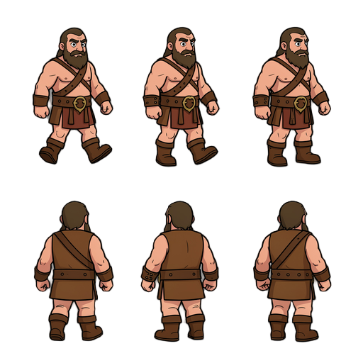 sprite sheet animations:  walking right — 6 frames the barbarian walking toward the right side. idle / standing right — 4 frames the barbarian standing still facing right, with a subtle idle animation. walking away / back view — 4 frames the barbarian wal