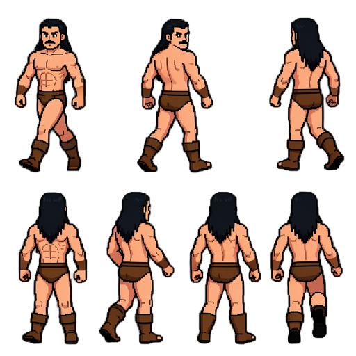 16-bit pixel art sprite sheet, muscular shirtless barbarian, brown underwear, long black hair. 128x128 frames, transparent background. right walk 6, idle right 4, back walk 4, front walk 4, jump back 2, front 2, right 2. consistent character, aligned grid